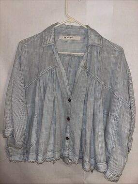 We The Free Pale Blue Checked Button-Front Peasant Shirt